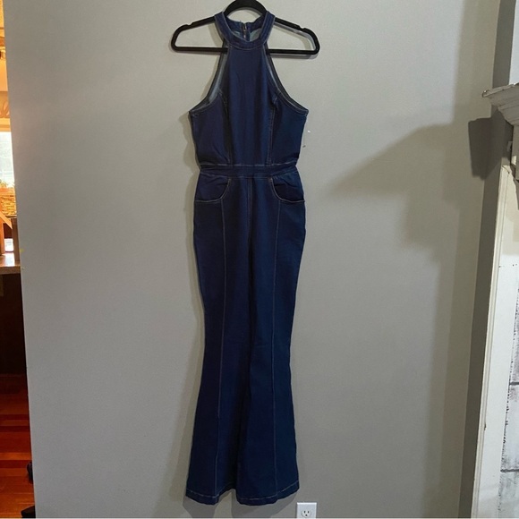 New! Free People curvy Sydney denim halter neck flare leg jumpsuit 28039 - Picture 8 of 16
